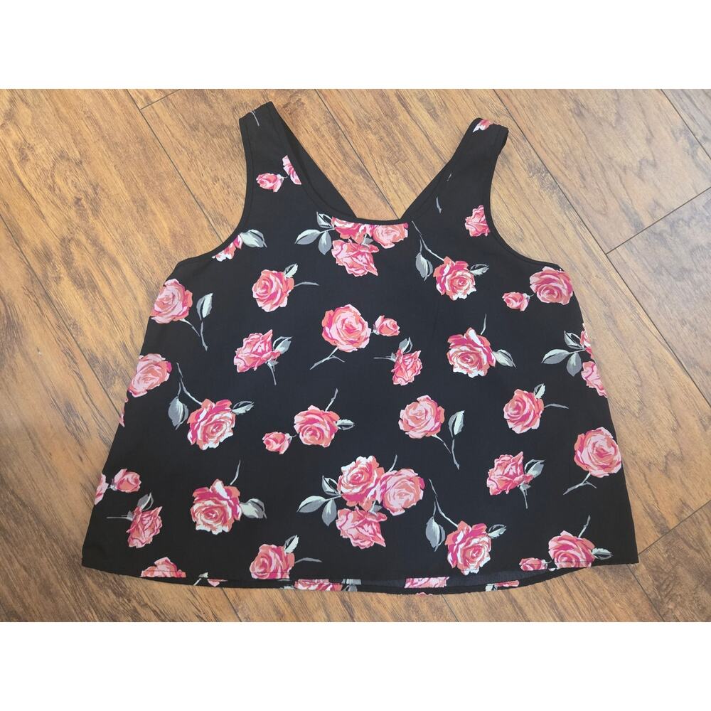 Xhilaration Romantic Roses Boho Tank Top Large Black Pink Red Floral Sleeveless